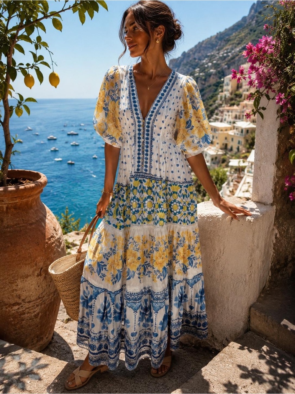 Farm Rio Bohemian Floral Tiered Maxi Dress in Yellow & Blue